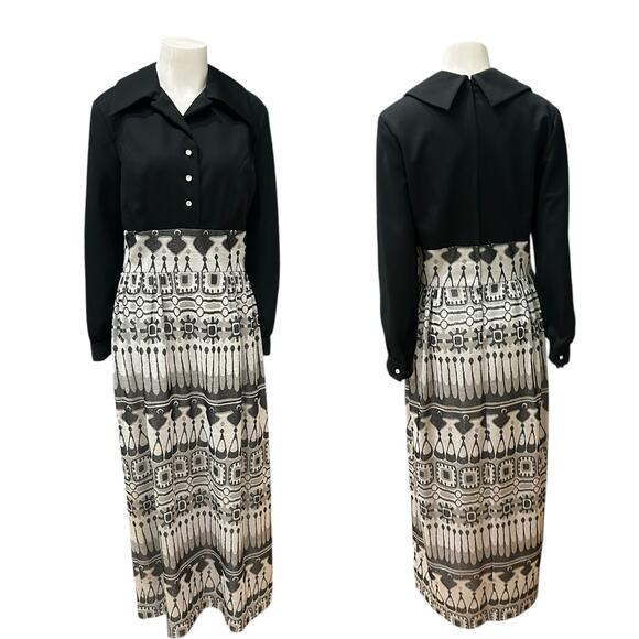 Vintage 1970s Black and Silver Metallic Graphic Print Maxi Dress / Medium - - Picture 3 of 6